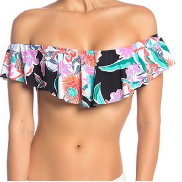 Trina Turk Tropic Wave Ruffle Bandeau Bikini Swim Top Floral 10 Black - Picture 1 of 10